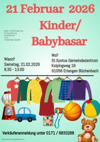 Plakativ in roter Schrift Kinderbasar und in Schwarzbuchstaben Datum und Uhrzeit sowie Veranstaltungsort. Alles auf hellgrünem Hintergrund.