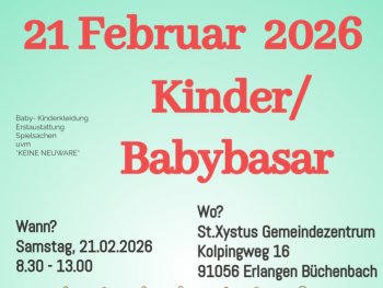 Plakativ in roter Schrift Kinderbasar und in Schwarzbuchstaben Datum und Uhrzeit sowie Veranstaltungsort. Alles auf hellgrünem Hintergrund.