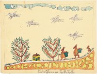 Auf der Kinderzeichnung sind drei Osterhasen in einer Landschaft zu sehen, die zu einem Haus laufen.