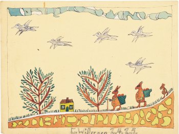 Auf der Kinderzeichnung sind drei Osterhasen in einer Landschaft zu sehen, die zu einem Haus laufen.