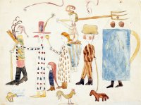 Auf der Kinderzeichnung ist eine Faschingsszene mit verkleideten Menschen dargestellt.