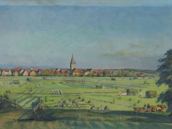 Das gemalte Landschaftsbild zeigt den Blick von Scahllershof nach Bruck im Jahr 1906.