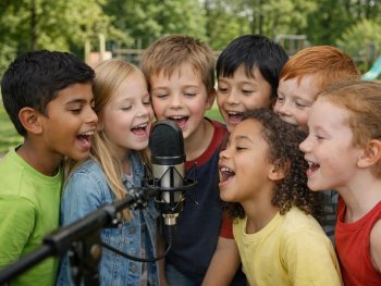 Copyright: KI 7 Kinder singen oder sprechen draußen vor Spielplatz ins Mikrofon