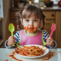 Ein Kind isst einen Teller Spagetti mit Tomatensoße