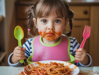 Copyright: Volkshochschule Hersbrucker Schweiz Ein Kind isst einen Teller Spagetti mit Tomatensoße