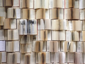 Eine Bücherwand mit lauter aufgeschlagener Bücher