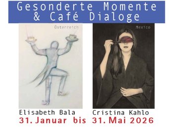 Links eine gezeichnete Figur mit zwei Kaffeetassen in erhobenen Händen, rechts eine Person in dunkler Kleidung mit langem Haar.