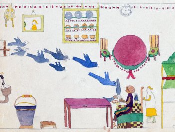 Die Kinderzeichnung zeigt eine Szene aus dem Märchen Aschenputtel: Die Tauben fliegen durch das Fenster in die Gute Stube und helfen Aschenbrödel mit dem Sortieren der Körner.