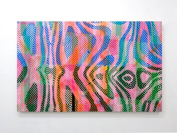 Copyright: Christoph John, Ohne Titel (HT I), 2025 Gerastertes, abstraktes Gemälde in Rot, Grün und Blau