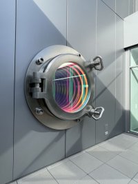 Ein geschlossenes Bullauge in dessen Innerem sich das Licht in den Farben Blau, Orange und Rot bricht.