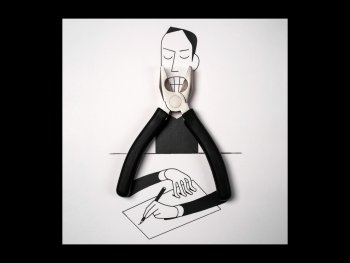 Copyright: Christoph Niemann, Sunday Sketch (First Draft), 2021
Mann beim Schreiben vor leerem Papier, in eine Beißzange gezwängt