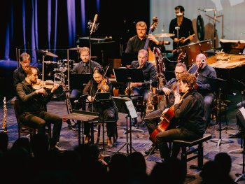 Ensemble mit Streichern, Bläsern und Schlagzeug auf einer Bühne vor Publikum