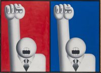 Abgebildet ist Hans Tichas Werk Hoch! Hoch! aus 1983. Zwei stilisierte, in Graustufen abgebildete, gleich aussehende Menschen demonstrieren auf rotem und blauem Hintergrund.