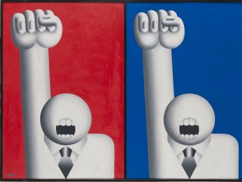 Copyright: Hans Ticha, VG Bild-Kunst, Bonn 2025 Abgebildet ist Hans Tichas Werk Hoch! Hoch! aus 1983. Zwei stilisierte, in Graustufen abgebildete, gleich aussehende Menschen demonstrieren auf rotem und blauem Hintergrund.