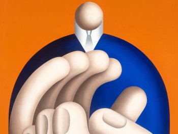 Copyright: l auf Leinwand, 120 x 90 cm, Foto Christoph Petras, Privatbesitz, © Hans Ticha, VG Bild-Kunst, Bonn 2025 ein stilisierter, klatschender Mann im blauen Anzug auf orangenem Hintergrund