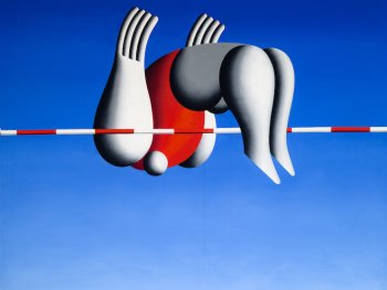 Copyright: © Hans Ticha, VG Bild-Kunst, Bonn 2025 Abgebildet das Werk "Der Hochspringer". Ein stilisierter Hochspringer im roten T-Shirt springt vor blauem Himmel über den Stab.