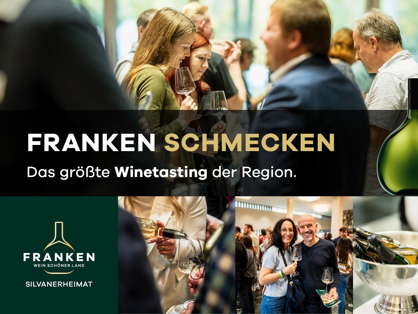 Besucher einer Weinmesse genießen Wein und tauschen sich mit Weingütern aus