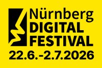Logo des Nürnberg Digital Festivals mit schwarzer Schrift Nürnberg Digital Festival auf gelbem Hintergrund und Datum 22. Juni bis 2. Juli