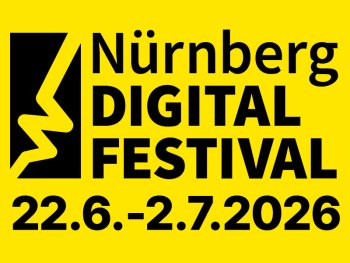 Logo des Nürnberg Digital Festivals mit schwarzer Schrift Nürnberg Digital Festival auf gelbem Hintergrund und Datum 22. Juni bis 2. Juli