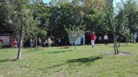 im Gemeinschaftsgarten zwischen kleinen Obstbäumen machen Menschen Sport