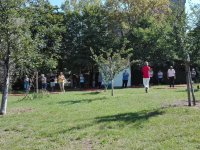 im Gemeinschaftsgarten zwischen kleinen Obstbäumen machen Menschen Sport