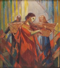 Auf dem Gemälde sind drei Geigerinnen in expressionistischer Malweise abgebildet.