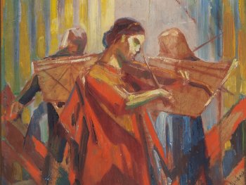 Auf dem Gemälde sind drei Geigerinnen in expressionistischer Malweise abgebildet.