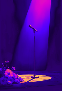 Ein Scheinwerfer wirft Licht auf ein Mikrofon. Alles ist in blau und lila Farbe gehalten.