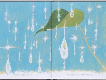 Copyright: Hiroshi Osada, Ryōji Arai, Enchanted Lion Books, New York City, NY, USA Kinderbuchillustration, glitzernde Wassertropfen und ein Blatt