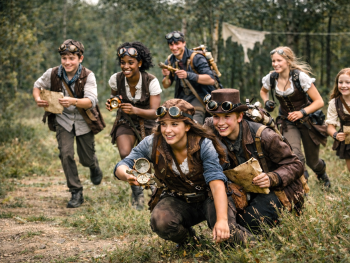 Foto: mit KI erstellt
Jugendliche in Steampunk-Kostümen beim Geländespiel