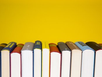 Mehrere Bücher stehen eng nebeneinander mit ihren Buchrücken nach unten vor einem gelben Hintergrund
