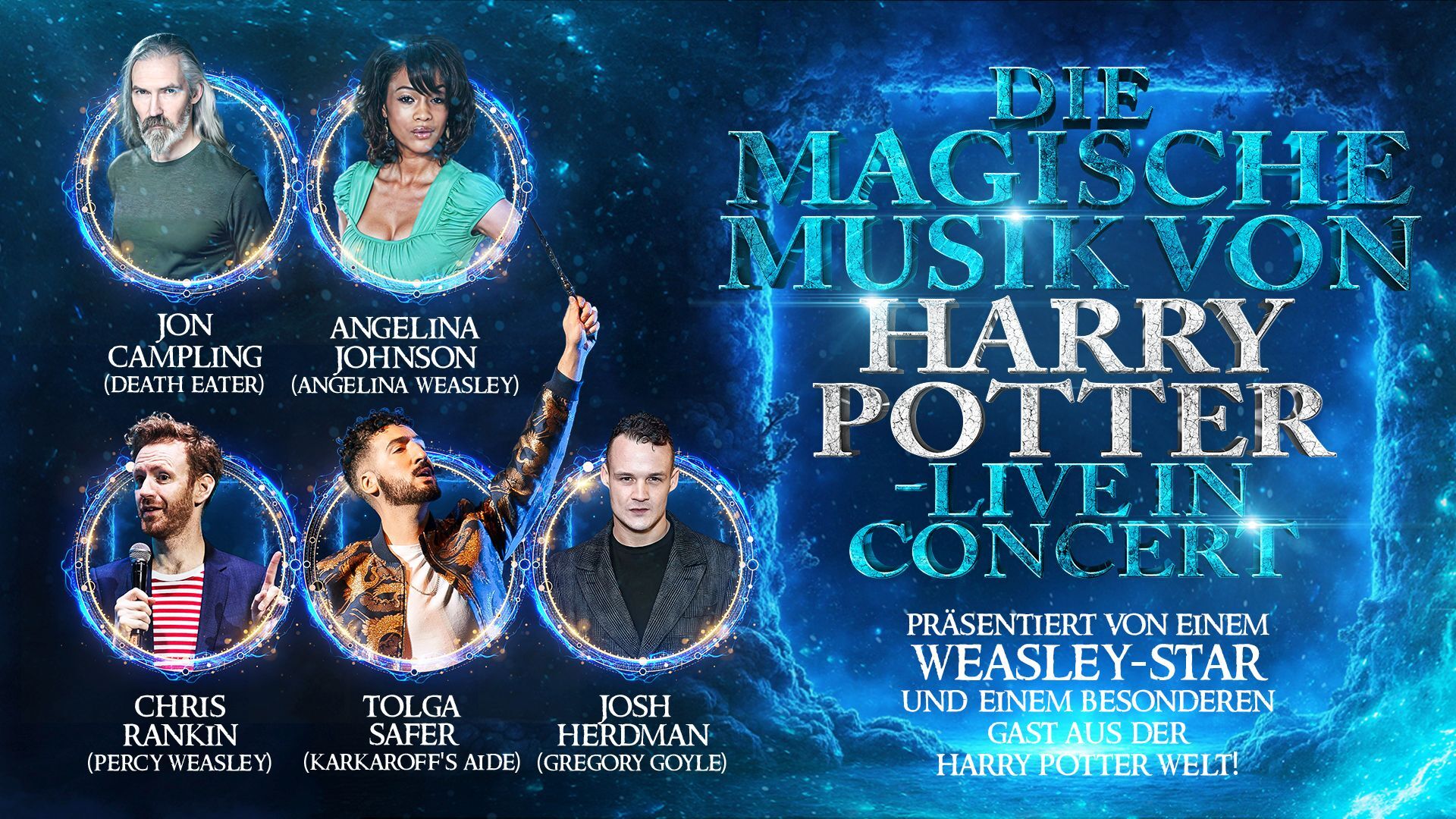 Werbeplakat für ein Harry-Potter-Konzert mit Fotos von fünf Künstlern und magischem blauem Sternenhintergrund.