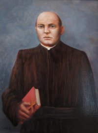 Gemälde von Jakob Keller, glatzköpfig mit brauner Jacke vor grauem Hintergrund