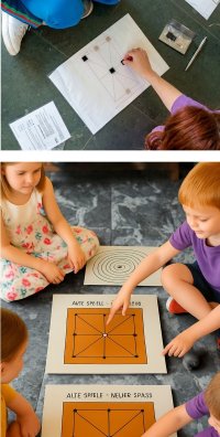 zwei Kinder auf dem Boden sitzend vor Brettspielen