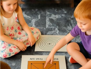 zwei Kinder auf dem Boden sitzend vor Brettspielen
