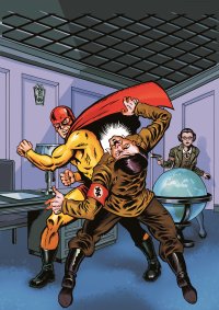 Ein Superheld mit rotem Umhang und gelbem Kostüm kämpft gegen Adolf Hitler in einem Büro. Im Hintergrund steht eine Person mit Pistole.