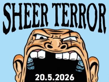 Plakat für das Sheer Terror Konzert am 20.5.2026 mit aggressivem Cartoon-Gesicht und Ticketinformationen.