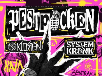 Konzertplakat für Pestpocken, Klostein und Systemkrank. pinker Hintergrund mit gelber Schrift und einer dunklen, stilisierten Figur in der Mitte.