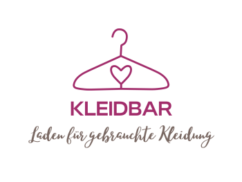 Logo mit einem Kleiderbügel, der ein Herz in der Mitte hat, darüber der Schriftzug 'KLEIDBAR' und darunter der Text 'Laden für gebrauchte Kleidung'