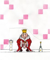 Der Fönig, gezeichnet von Walter Moers, sitzt auf der Toilette, eingehüllt in einen roten Mantel, Er trägt eine Krone auf dem Kopf.