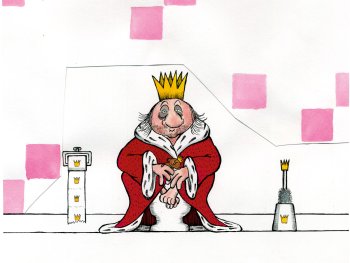 Copyright: Penguin Verlag in der Penguin Random House Verlagsgruppe GmbH, München Der Fönig, gezeichnet von Walter Moers, sitzt auf der Toilette, eingehüllt in einen roten Mantel, Er trägt eine Krone auf dem Kopf.