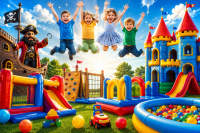 Vier Kinder springen fröhlich auf einem bunten Spielplatz mit Hüpfburgen, Rutsche und Ballbecken, links steht eine Person in Piratenkostüm vor einem Piratenschiff