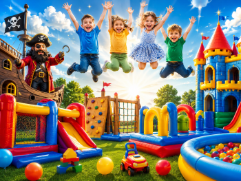 Vier Kinder springen fröhlich auf einem bunten Spielplatz mit Hüpfburgen, Rutsche und Ballbecken, links steht eine Person in Piratenkostüm vor einem Piratenschiff