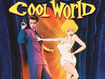 Copyright: Filmverleih Filmplakat "Cool World" mit den Namen Kim Basinger, Gabriel Byrne und Brad Pitt, zeigt einen Mann in violettem Anzug mit Waffe neben einer animated Frau in weißem Outfit sowie bunte Cartoon-Figuren vor orangegelbem Feuer.