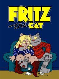 Logoillustration der Zeichentrickserie "Fritzi the Cat" mit zwei anthropomorphen Katzen, die auf einem Sofa sitzen: eine blonde mit blau-rotem Pullover und eine graue mit rotem Pullover.