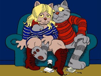 Copyright: Filmverleih Logoillustration der Zeichentrickserie "Fritzi the Cat" mit zwei anthropomorphen Katzen, die auf einem Sofa sitzen: eine blonde mit blau-rotem Pullover und eine graue mit rotem Pullover.