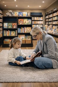 Eine erwachsene Person und ein Kind sitzen auf einem Teppich und lesen gemeinsam ein Buch, umgeben von vollen Bücherregalen.
