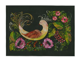 Copyright: Tetiana Liudvychenko Ein gemaltes Bild eines Vogels, umgeben von gemalten Blumen und Blättern.