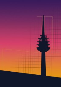 Schattenriss des Fernmeldeturms vor einem glühend gefärbten Hintergrund