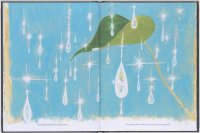 Eine Buchillustration: ein Blatt und Regentropfen vor hellblauem Hintergrund